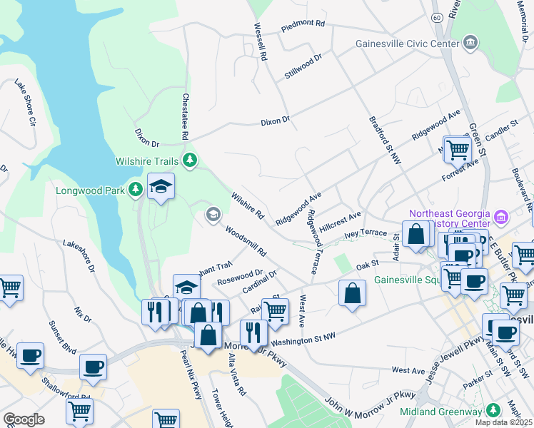 map of restaurants, bars, coffee shops, grocery stores, and more near 652 Wilshire Place Northwest in Gainesville