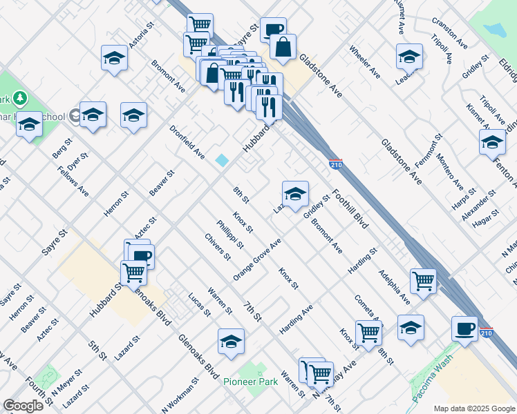 map of restaurants, bars, coffee shops, grocery stores, and more near 1967 8th Street in San Fernando