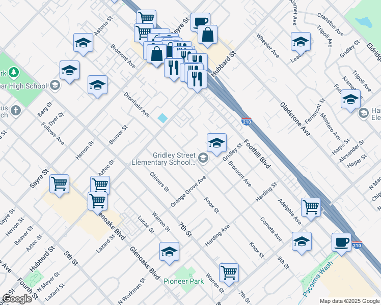 map of restaurants, bars, coffee shops, grocery stores, and more near 1965 8th Street in San Fernando