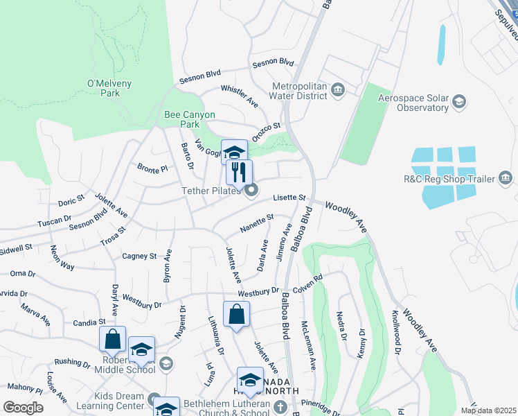 map of restaurants, bars, coffee shops, grocery stores, and more near 17101 Lisette Street in Los Angeles