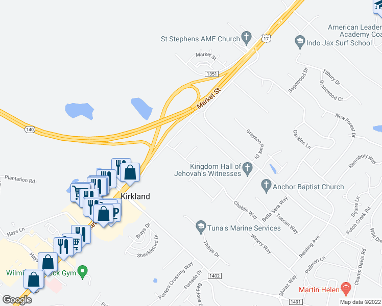 map of restaurants, bars, coffee shops, grocery stores, and more near Coconut Court in Wilmington