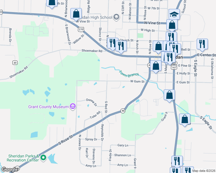 map of restaurants, bars, coffee shops, grocery stores, and more near 403 South Red Street in Sheridan