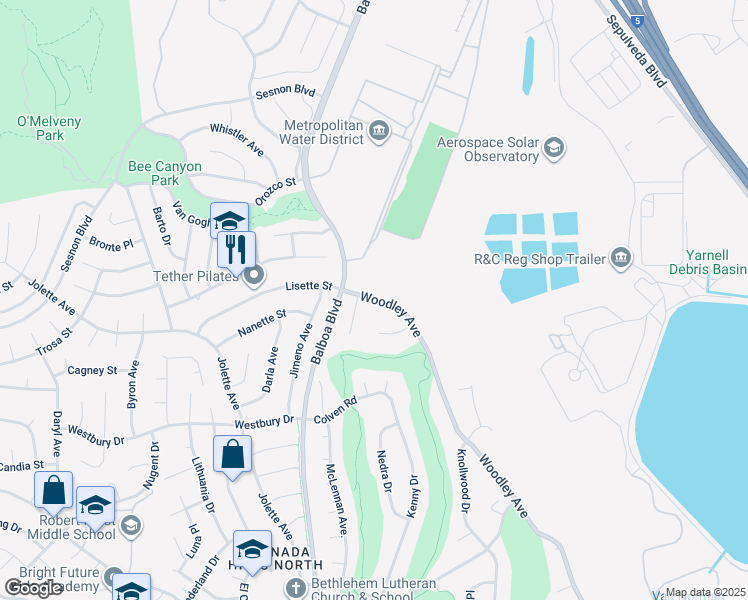 map of restaurants, bars, coffee shops, grocery stores, and more near 12832 Woodley Avenue in Los Angeles