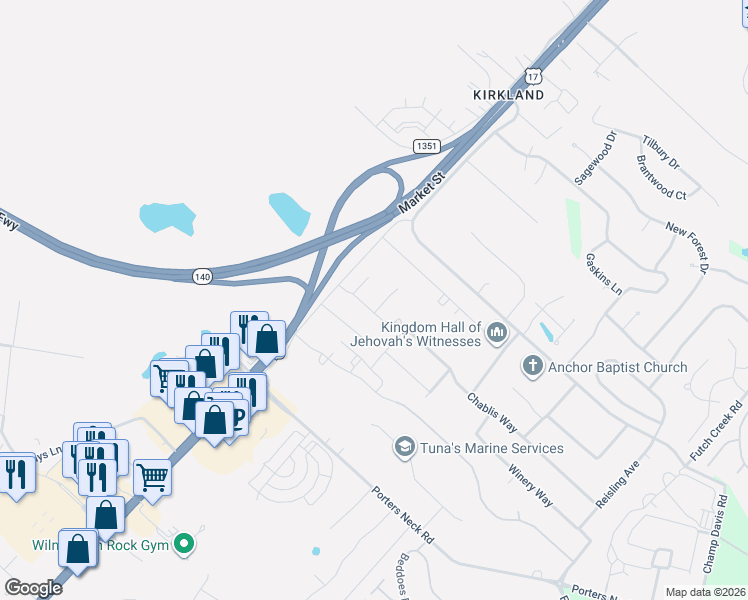 map of restaurants, bars, coffee shops, grocery stores, and more near 8510 Bison Court in Wilmington