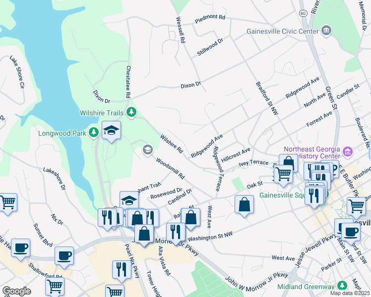 map of restaurants, bars, coffee shops, grocery stores, and more near 652 Wilshire Place Northwest in Gainesville