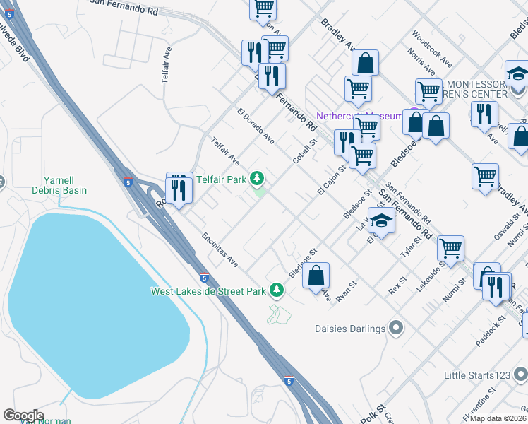 map of restaurants, bars, coffee shops, grocery stores, and more near 15730 Cobalt St in Los Angeles