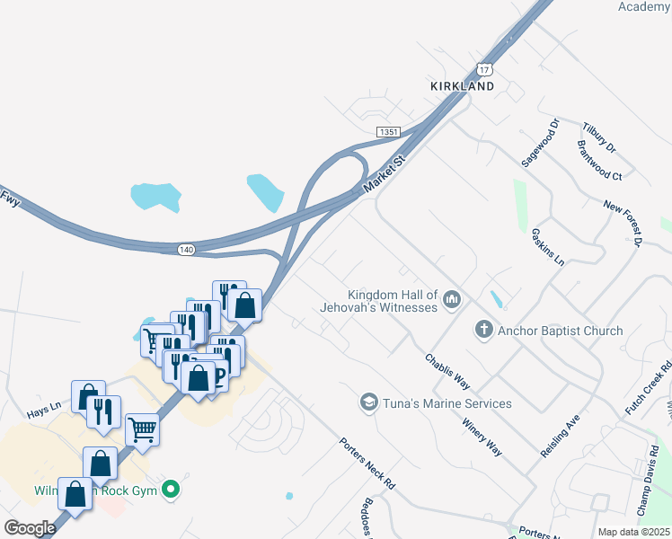 map of restaurants, bars, coffee shops, grocery stores, and more near 209 Chablis Way in Wilmington