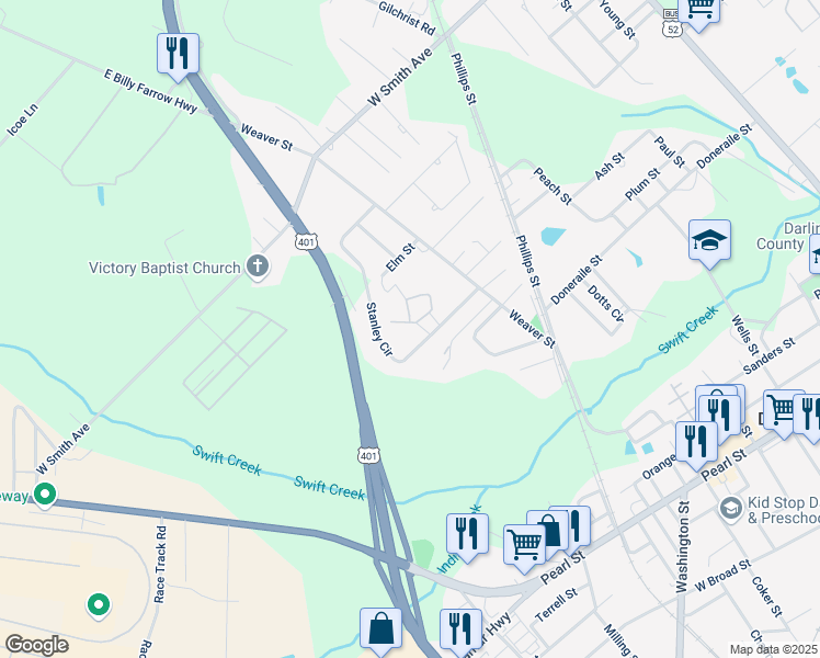 map of restaurants, bars, coffee shops, grocery stores, and more near 528 James Paul Drive in Darlington
