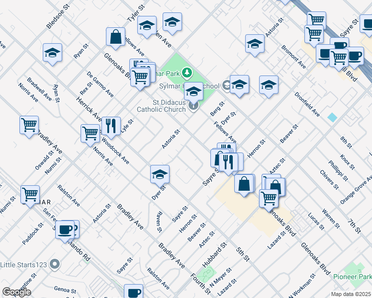 map of restaurants, bars, coffee shops, grocery stores, and more near 14360 Berg Street in Los Angeles