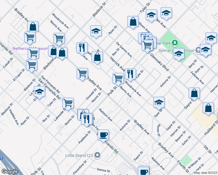 map of restaurants, bars, coffee shops, grocery stores, and more near 14785 Polk Street in Los Angeles
