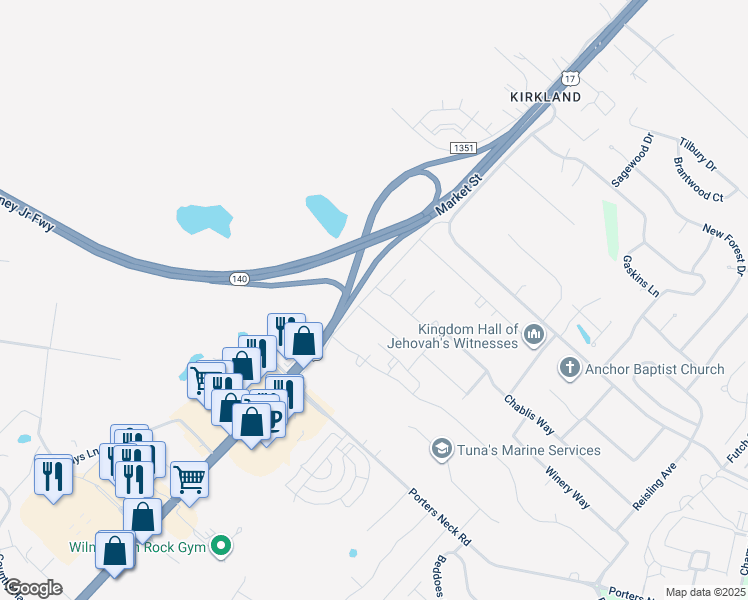 map of restaurants, bars, coffee shops, grocery stores, and more near 8422 Market Street in Wilmington