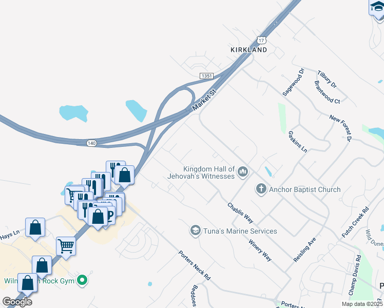 map of restaurants, bars, coffee shops, grocery stores, and more near Coconut Court in Wilmington