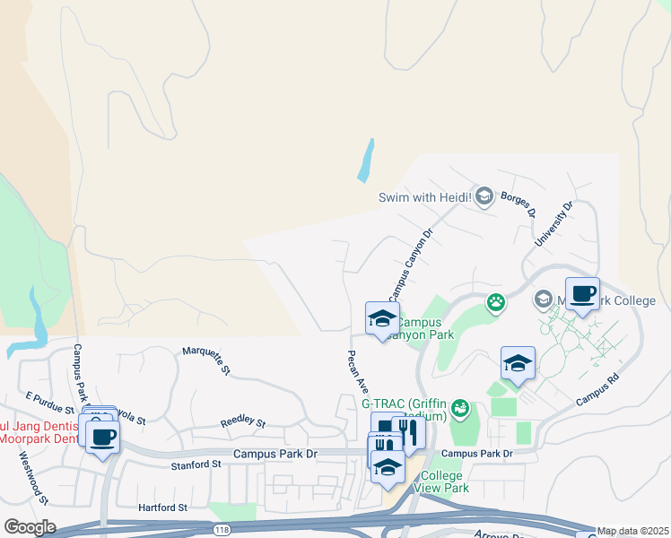 map of restaurants, bars, coffee shops, grocery stores, and more near 15150 Collegiate Circle in Moorpark