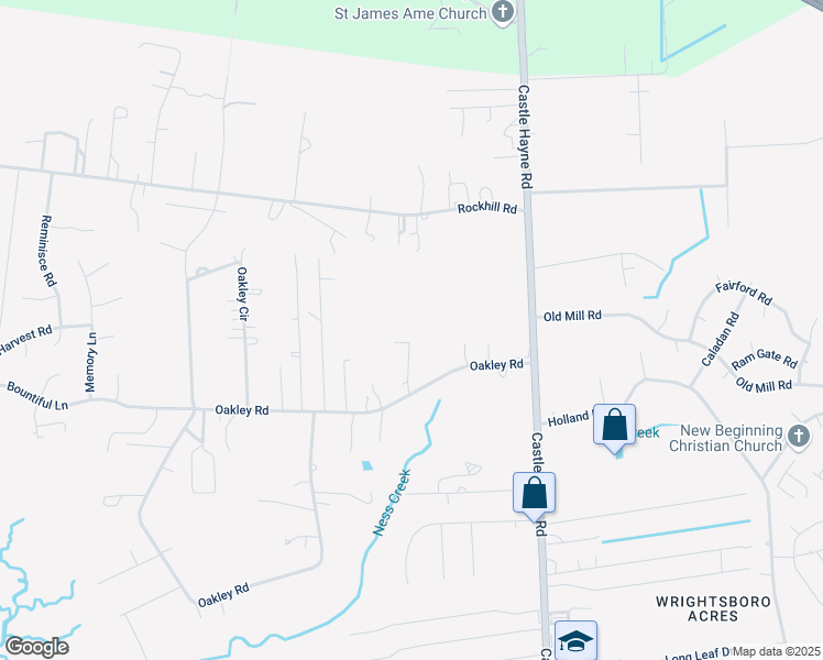 map of restaurants, bars, coffee shops, grocery stores, and more near 2501 Oakley Road in Castle Hayne