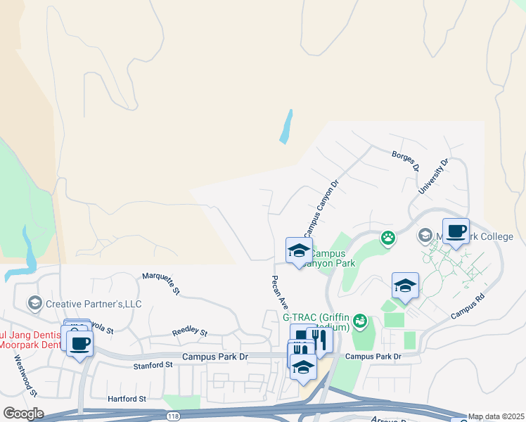 map of restaurants, bars, coffee shops, grocery stores, and more near 15116 Collegiate Circle in Moorpark
