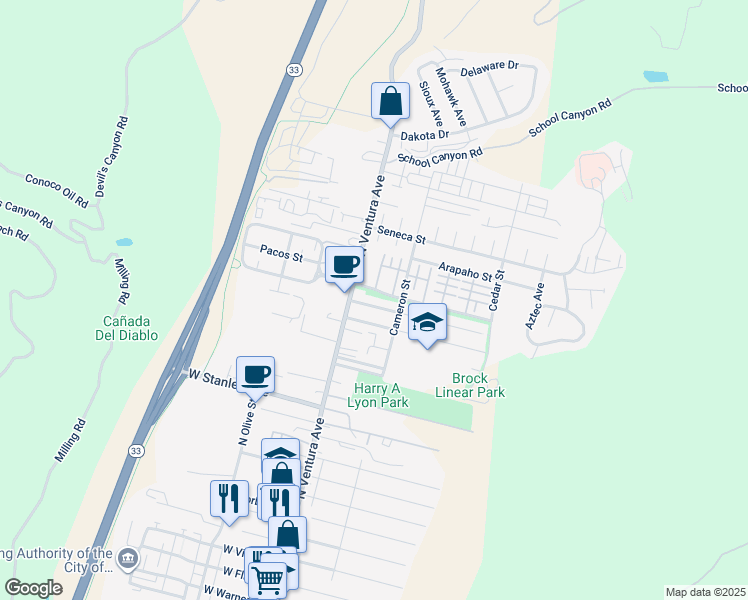 map of restaurants, bars, coffee shops, grocery stores, and more near 2280 North Ventura Avenue in Ventura