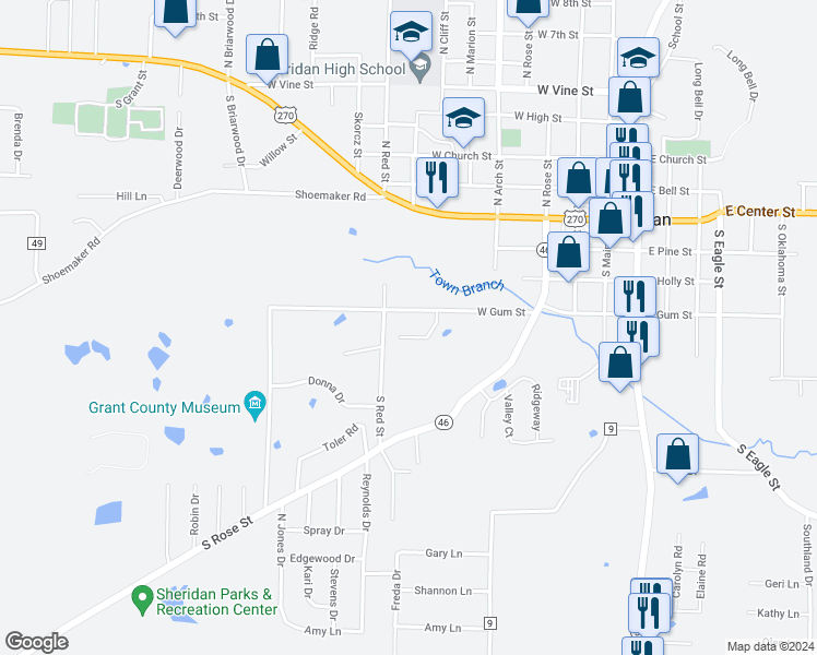 map of restaurants, bars, coffee shops, grocery stores, and more near 701 West Gum Street in Sheridan