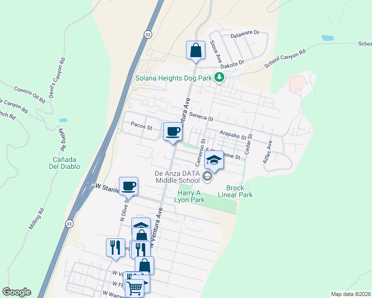 map of restaurants, bars, coffee shops, grocery stores, and more near Barry Drive in Ventura
