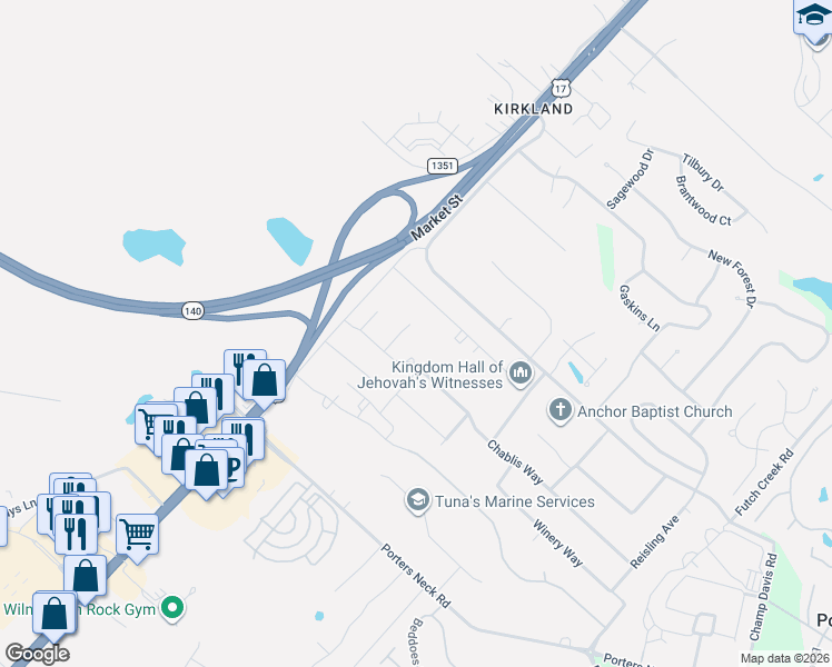 map of restaurants, bars, coffee shops, grocery stores, and more near 8444 Market Street in Wilmington