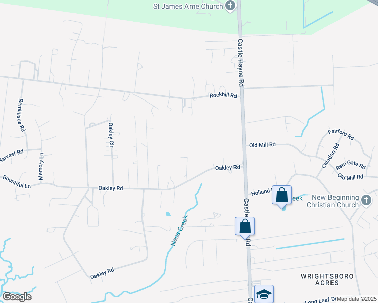 map of restaurants, bars, coffee shops, grocery stores, and more near 2501 Oakley Road in Castle Hayne