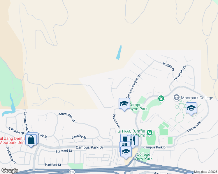map of restaurants, bars, coffee shops, grocery stores, and more near 15116 Collegiate Circle in Moorpark