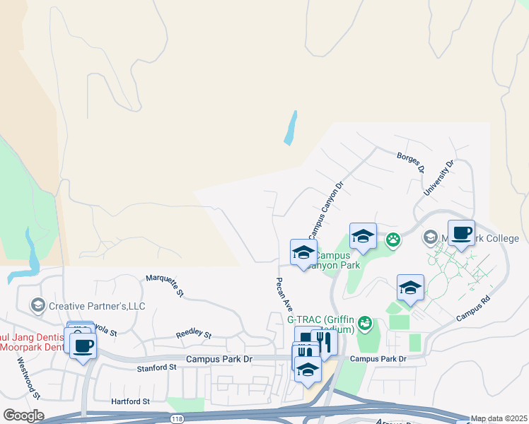 map of restaurants, bars, coffee shops, grocery stores, and more near 15116 Collegiate Circle in Moorpark
