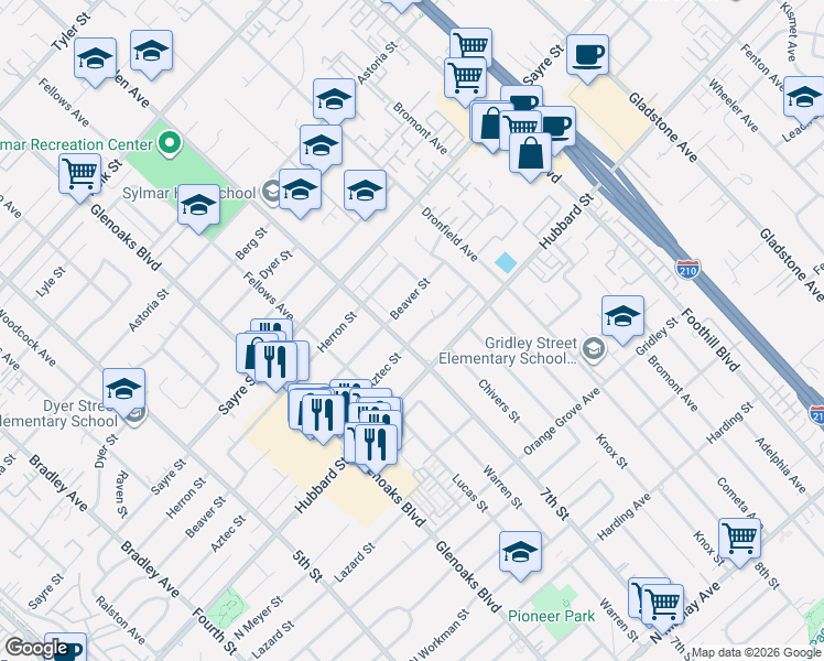 map of restaurants, bars, coffee shops, grocery stores, and more near 13945 Aztec Street in Los Angeles