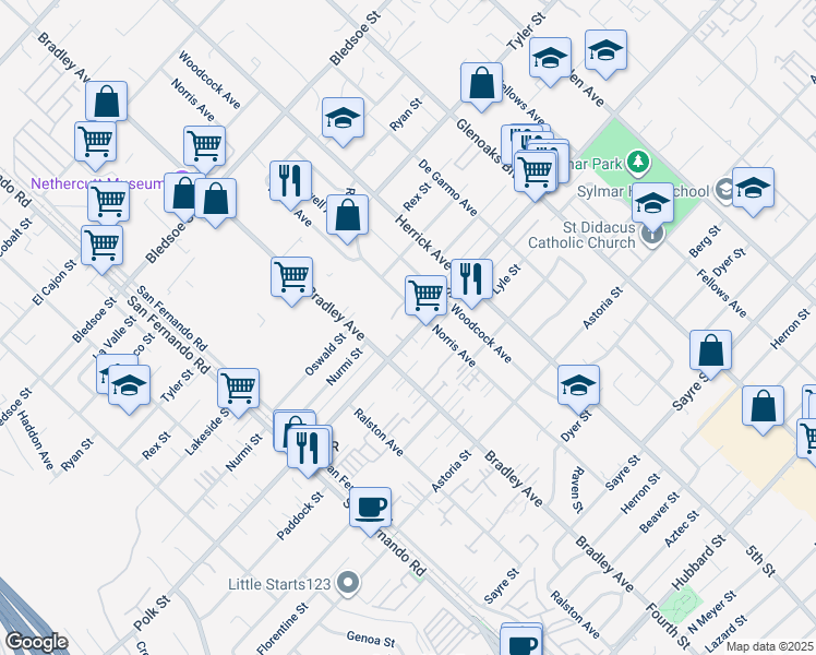 map of restaurants, bars, coffee shops, grocery stores, and more near 14771 Polk Street in Los Angeles