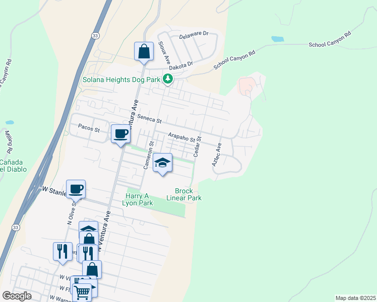 map of restaurants, bars, coffee shops, grocery stores, and more near 361 Ute Lane in Ventura