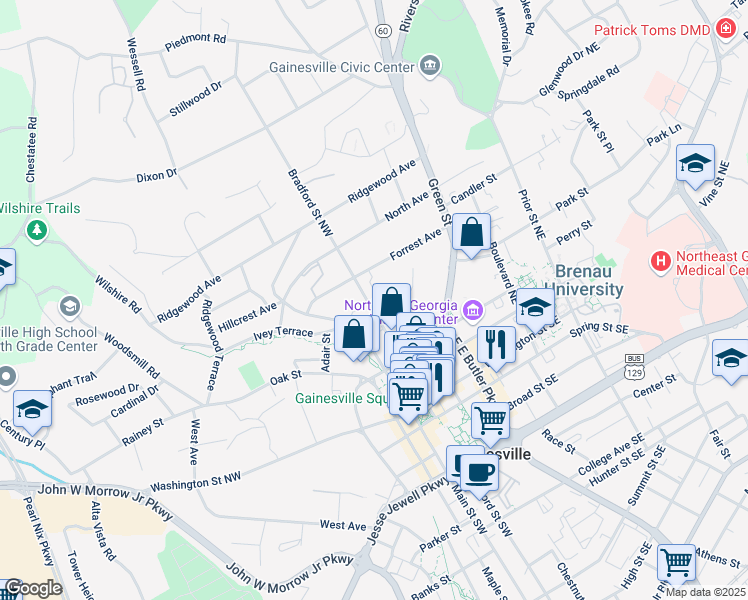 map of restaurants, bars, coffee shops, grocery stores, and more near 408 Forrest Lane in Gainesville