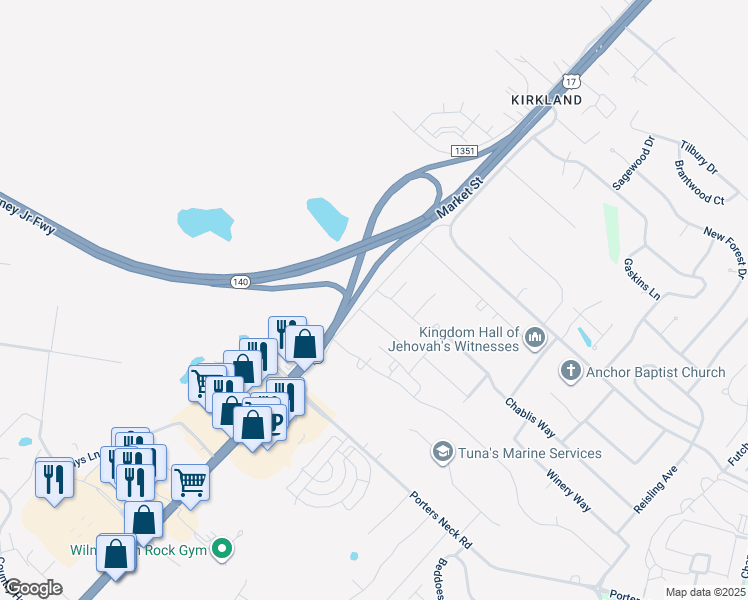 map of restaurants, bars, coffee shops, grocery stores, and more near 8422 Market Street in Wilmington