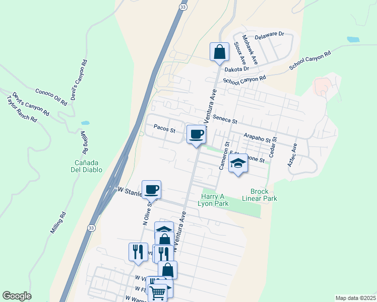 map of restaurants, bars, coffee shops, grocery stores, and more near 2255 North Ventura Avenue in Ventura
