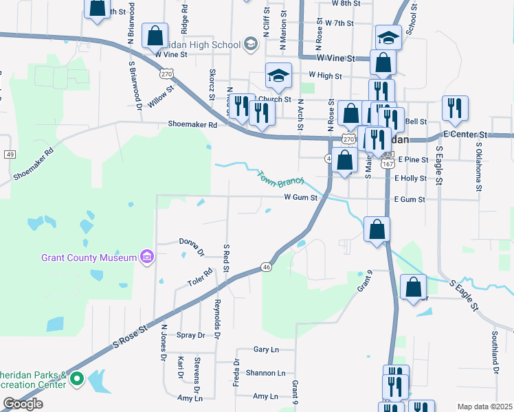 map of restaurants, bars, coffee shops, grocery stores, and more near 701 West Gum Street in Sheridan