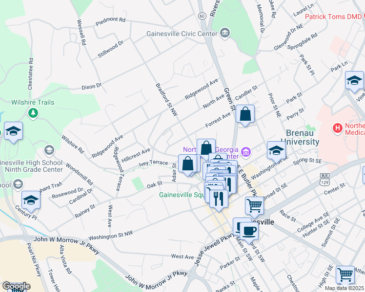 map of restaurants, bars, coffee shops, grocery stores, and more near 535 Forrest Avenue in Gainesville