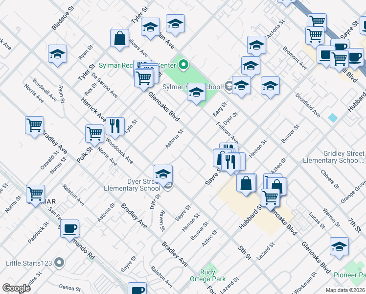 map of restaurants, bars, coffee shops, grocery stores, and more near 14365 Berg Street in Los Angeles