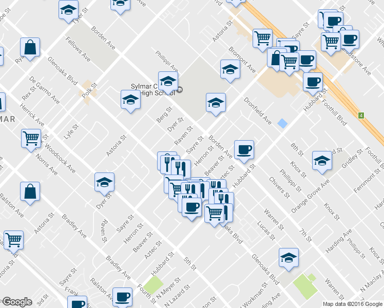 map of restaurants, bars, coffee shops, grocery stores, and more near 14124 Sayre Street in Los Angeles