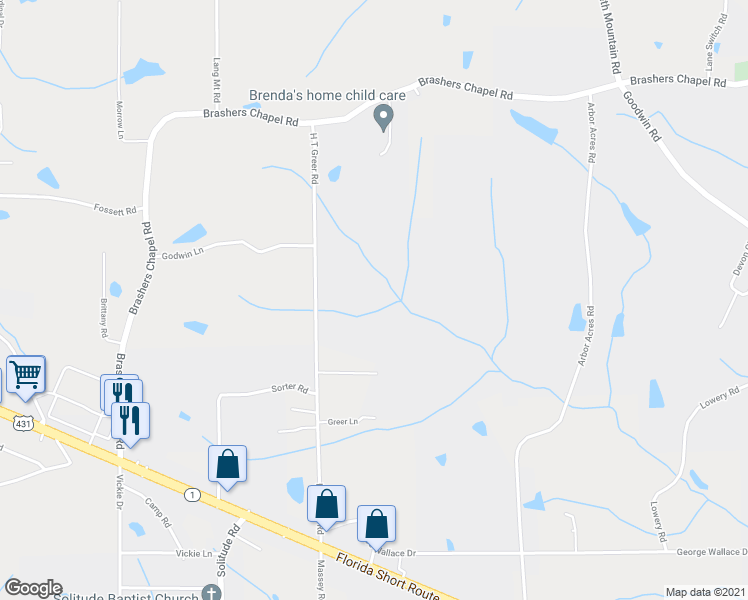 map of restaurants, bars, coffee shops, grocery stores, and more near 648 H T Greer Road in Albertville