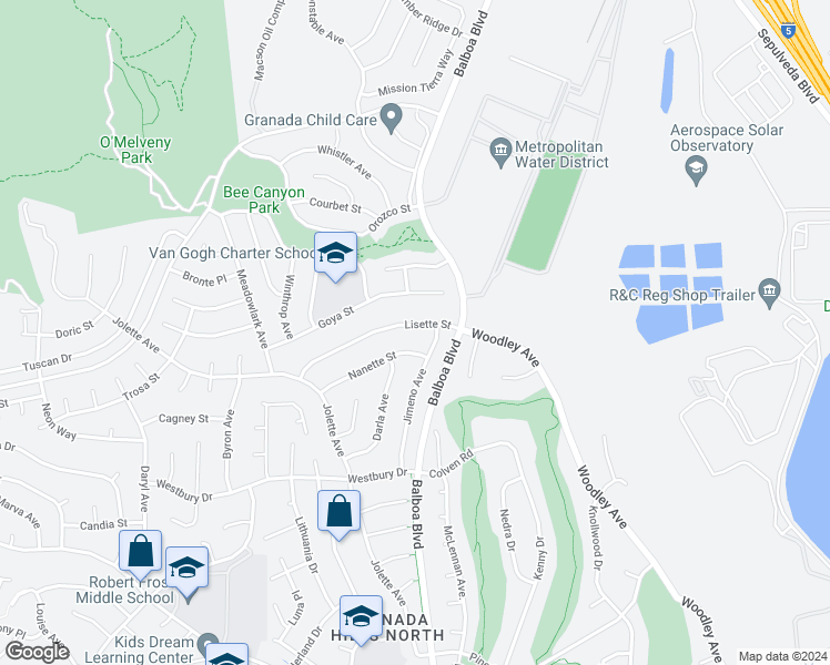 map of restaurants, bars, coffee shops, grocery stores, and more near 17042 Lisette Street in Los Angeles