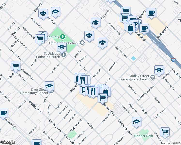 map of restaurants, bars, coffee shops, grocery stores, and more near 14124 Sayre Street in Los Angeles