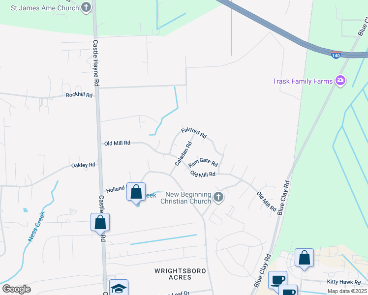 map of restaurants, bars, coffee shops, grocery stores, and more near 205 Caladan Road in Castle Hayne
