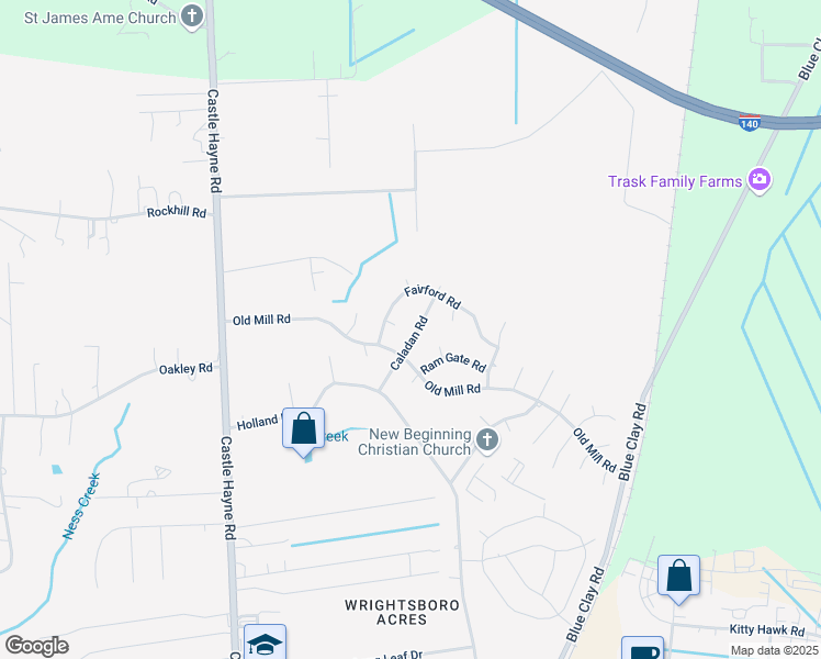 map of restaurants, bars, coffee shops, grocery stores, and more near 205 Caladan Road in Castle Hayne