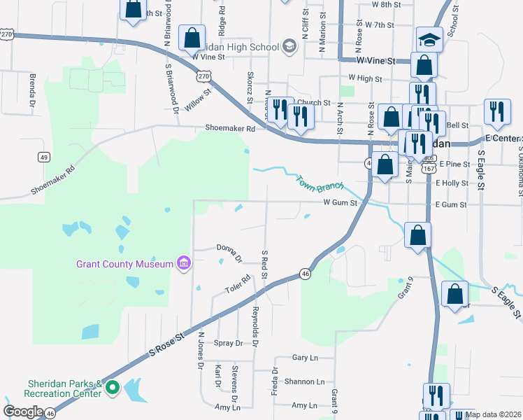 map of restaurants, bars, coffee shops, grocery stores, and more near 403 South Red Street in Sheridan