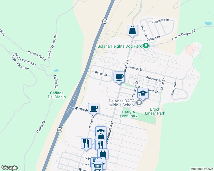 map of restaurants, bars, coffee shops, grocery stores, and more near 146 West Shoshone Street in Ventura