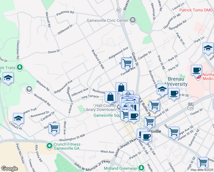 map of restaurants, bars, coffee shops, grocery stores, and more near 535 Forrest Avenue in Gainesville