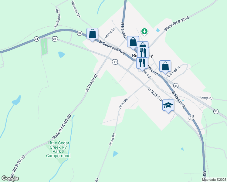 map of restaurants, bars, coffee shops, grocery stores, and more near 385 West Church Street in Ridgeway