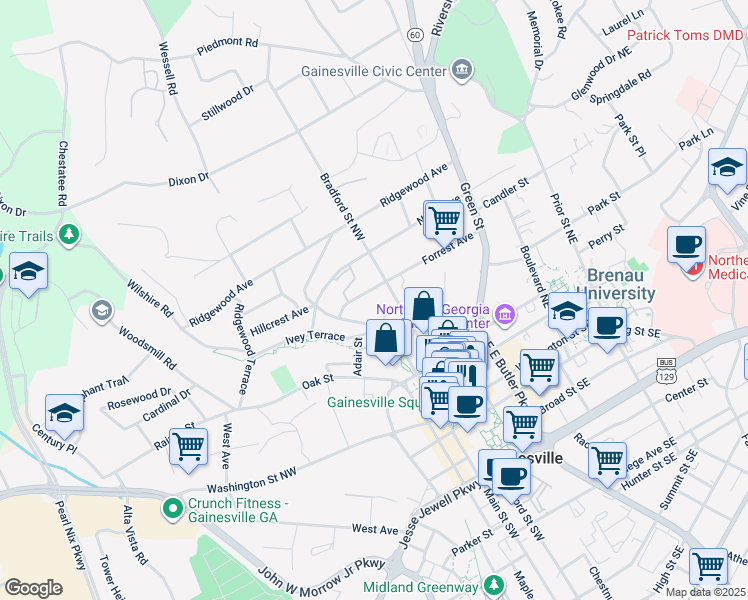 map of restaurants, bars, coffee shops, grocery stores, and more near 535 Forrest Avenue in Gainesville