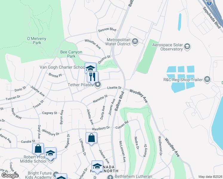 map of restaurants, bars, coffee shops, grocery stores, and more near 17042 Lisette Street in Los Angeles