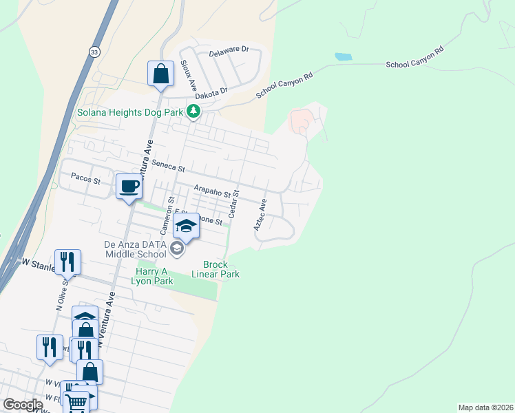 map of restaurants, bars, coffee shops, grocery stores, and more near 2438 Aztec Avenue in Ventura