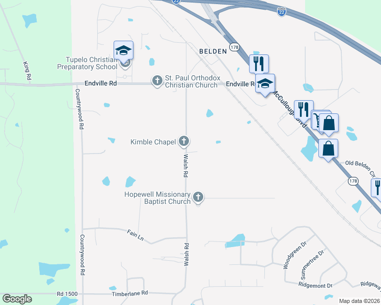 map of restaurants, bars, coffee shops, grocery stores, and more near Hodges Drive in Tupelo