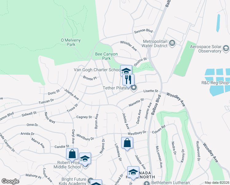 map of restaurants, bars, coffee shops, grocery stores, and more near 12830 Winthrop Avenue in Los Angeles